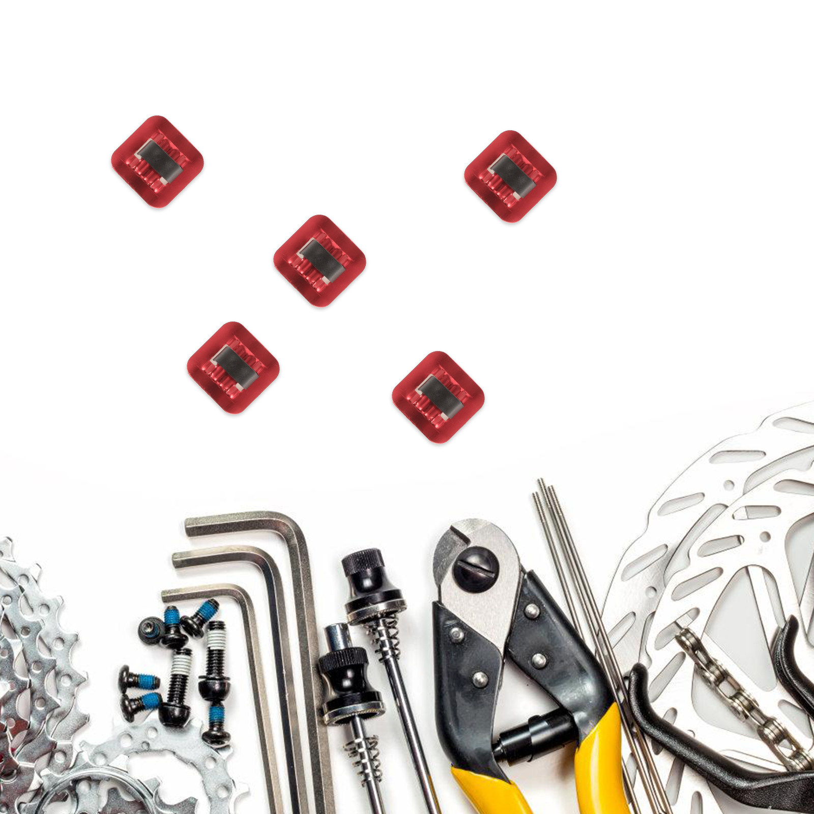 Cycling Gear Organization - 5er-Set Aluminium-Fahrradkabelführungen mit roten Kunststoff-C-Clips, selbstklebendem