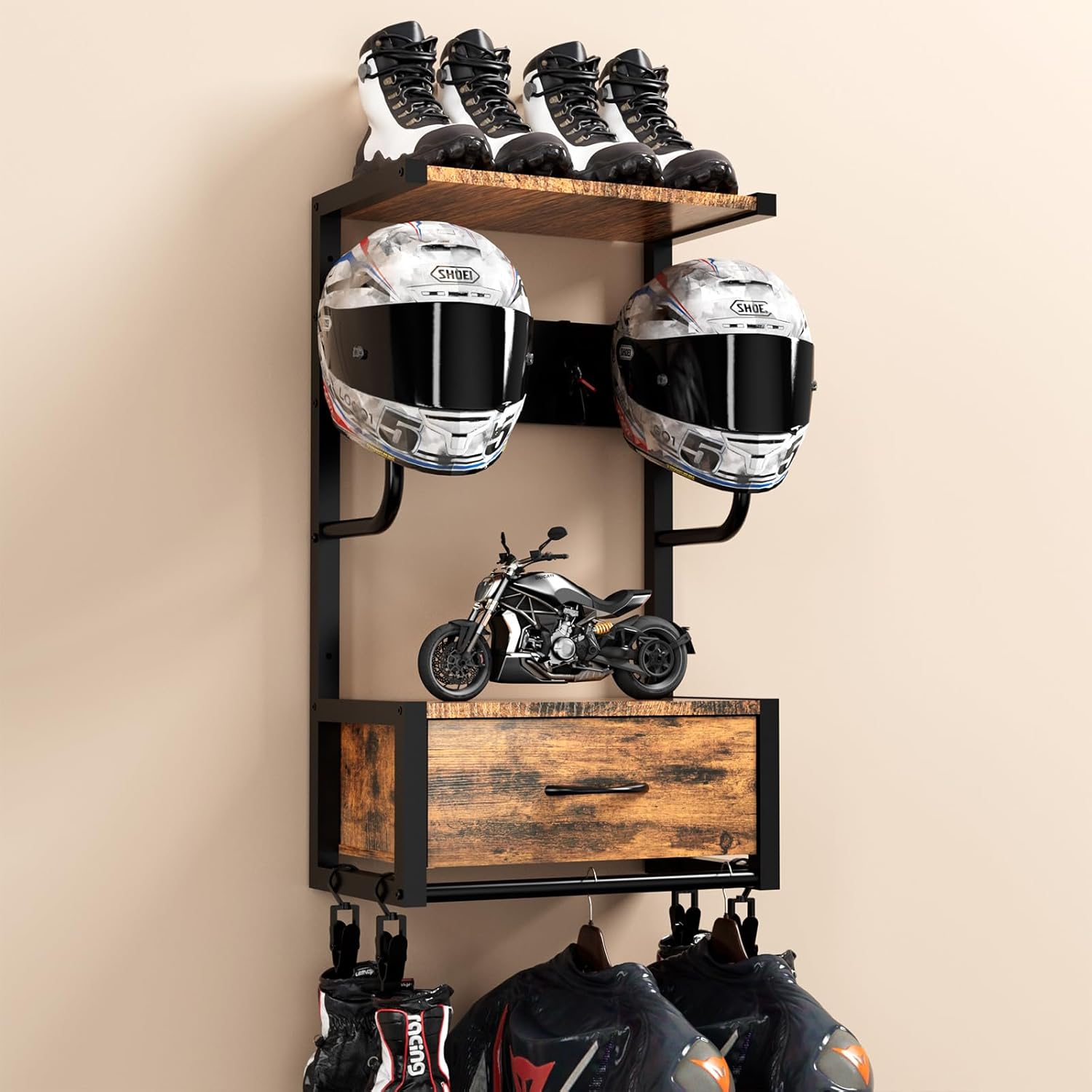 Cycling Gear Wall Mount - Motorradhelmhalter, wandmontierter Ständer mit 4 Handschuhhaltern